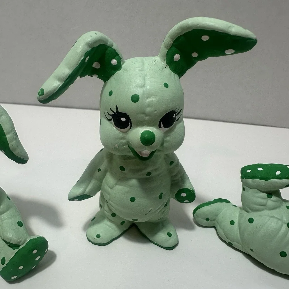 3 pc Ceramic Bunny Rabbit Figurines Big‎ Eyed Ears Stuffed Stitched Hand Painted